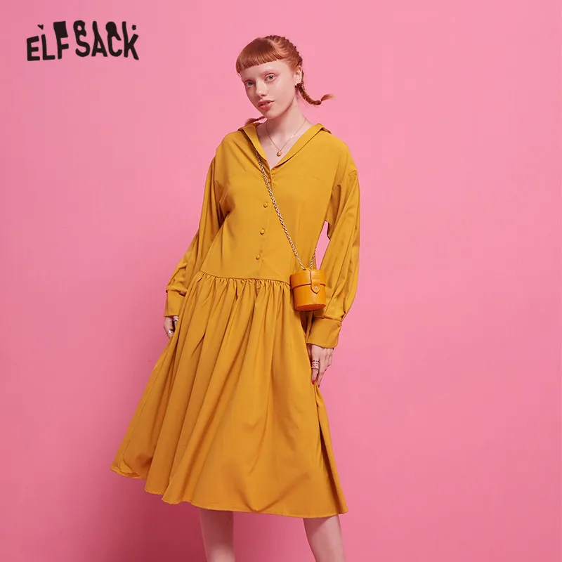 

ELF SACK Solid H Line Sailor Collar Dress Women 2019 Autumn Button Front Loose Casual Female Dresses