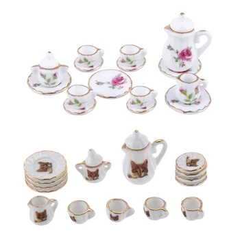 

FBIL-2 Set 1/12 Scale Dollhouse Miniatures Porcelain Tableware Coffee Tea Cups, 1 Set Saucer Set Cat Print & 1 Set Dishes Flower