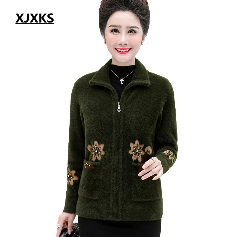 XJXKS Women Clothes Winter 2019 Fashion Zipper Pocket Plus Size Coats Turndown Collar Long Sleeve Furry Sweater Coat |