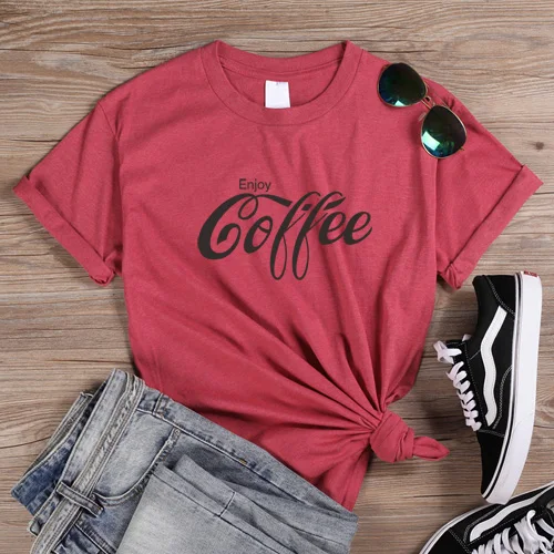 ONSEME, женская футболка, Enjoy coffee, с буквенным принтом, футболки, женская уличная одежда, базовые хлопковые футболки, Cola, футболка, Harajuku, слоган, топы - Цвет: HeatherRed