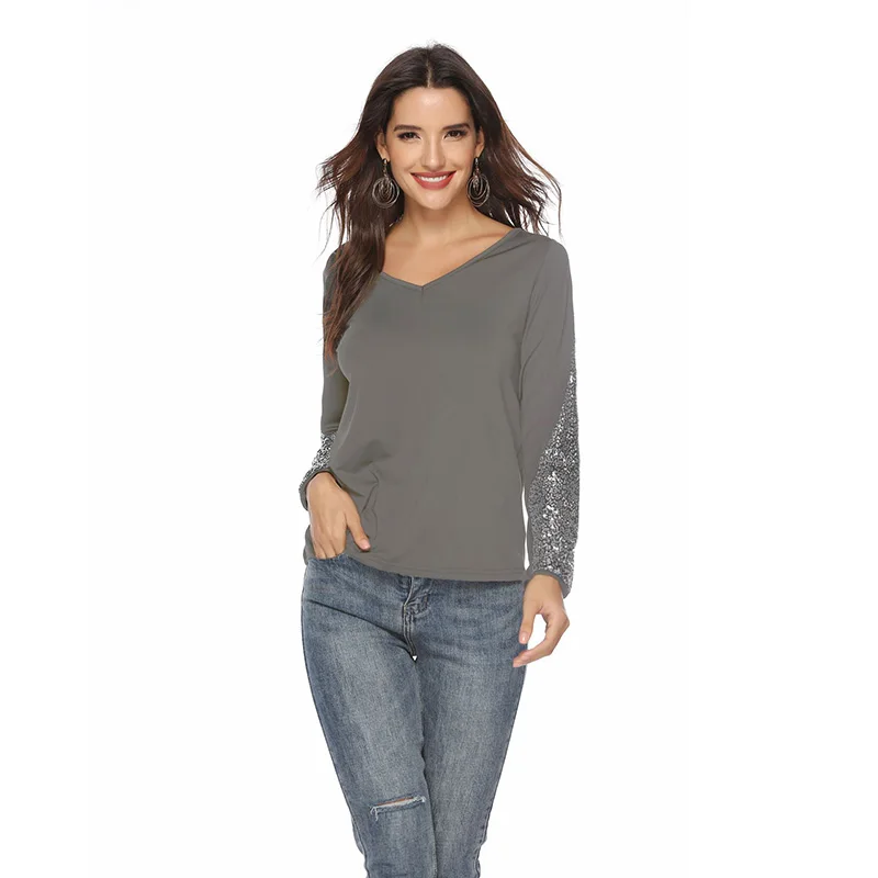 

Women Summer Autumn Fashion Solid Tshirt V Neck Tops Long Sleeve Sequined Female Streetwear T-Shirt Lady Loose Casual Tee Shirt