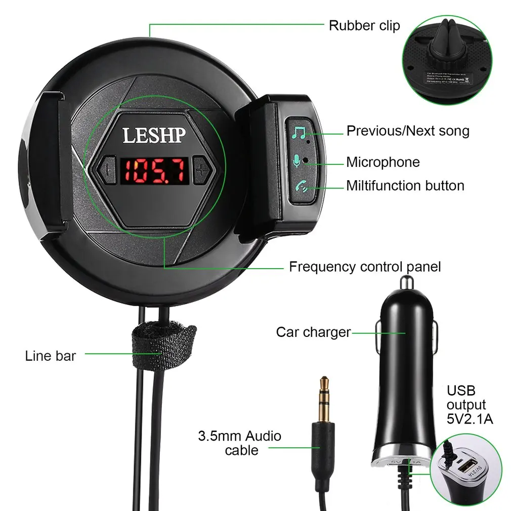 LESHP 5V/2.1A Fast Charging Hands Free Built-in Microphone Multi Function Auto FM Transmitter For Phone 2.1-3.2Inch