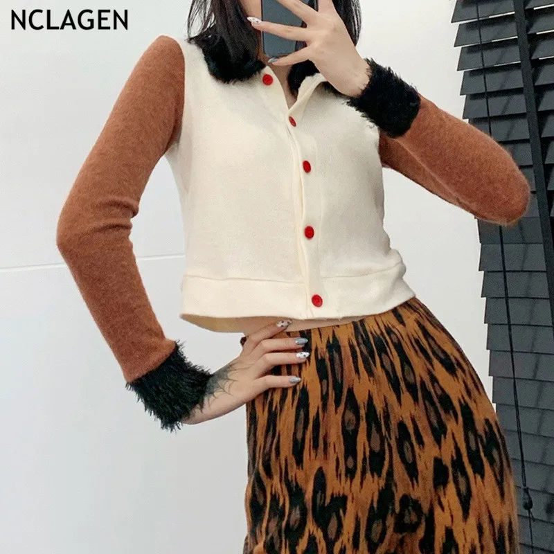 

NCLAGEN Women Cardigan Sweater Contrast Color Patchwork Single Breasted Crop Cardigan Turn Down Collar Letter Embroider Knitwear