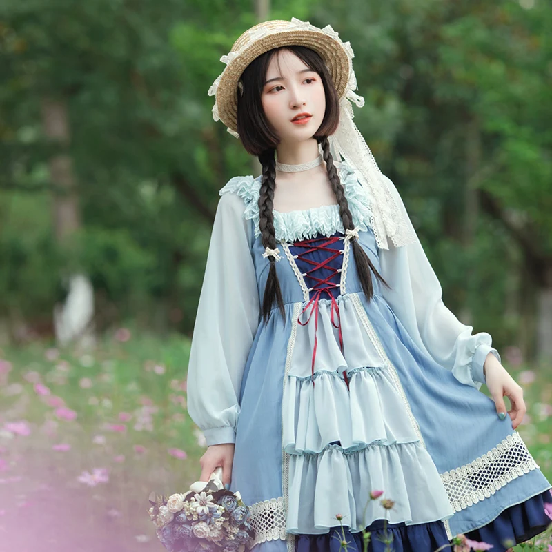 

Palace vintage sweet lolita dress lace square collar cross bandage high waist victorian dress kawaii girl gothic lolita op loli