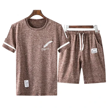 

2 sets men's sports set summer casual outfit wear feather print clothes short-sleeved fashion T-shirt + shorts