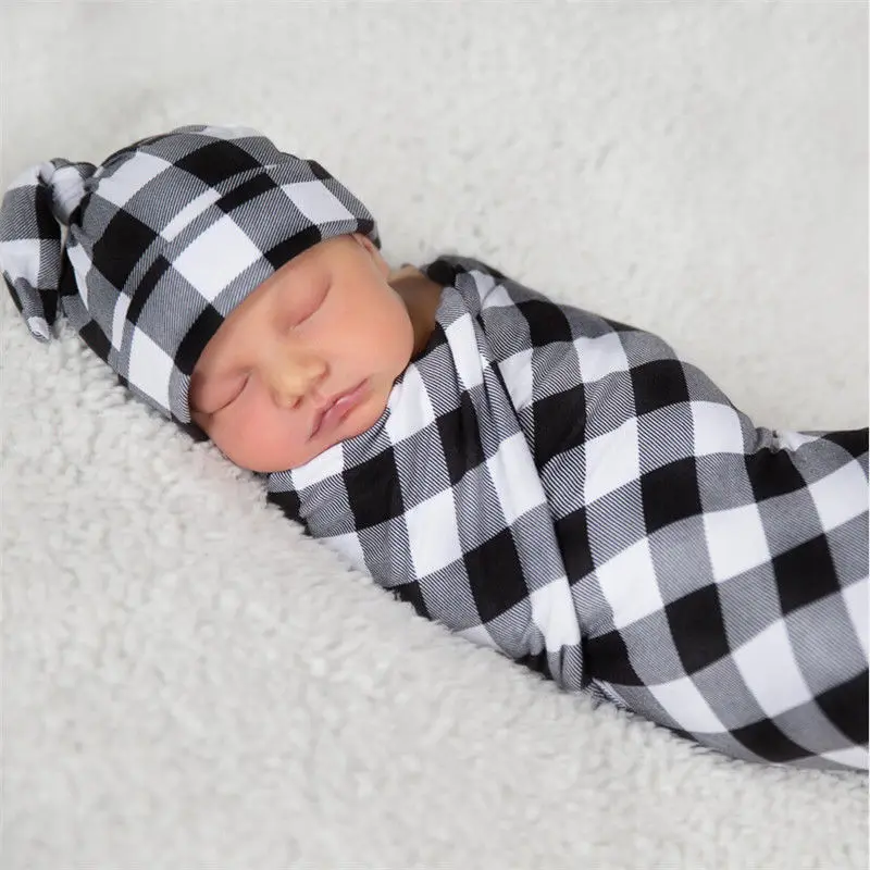 Одеяло-пеленка для новорожденных, детей, малышей, с цветочным рисунком, в клетку, для мальчиков и девочек, растягивающееся банное полотенце, полотенце для сна, Пеленальное Одеяло+ повязка на голову/шапка