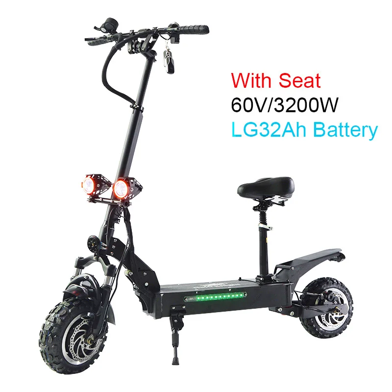 With Seat LG32Ah Halo Knight T106, новинка, 11 дюймов, Электрический скутер для взрослых, 60 в, 3200 Вт, складной двухмоторный самокат, мощный E скутер - Цвет: With Seat LG32Ah