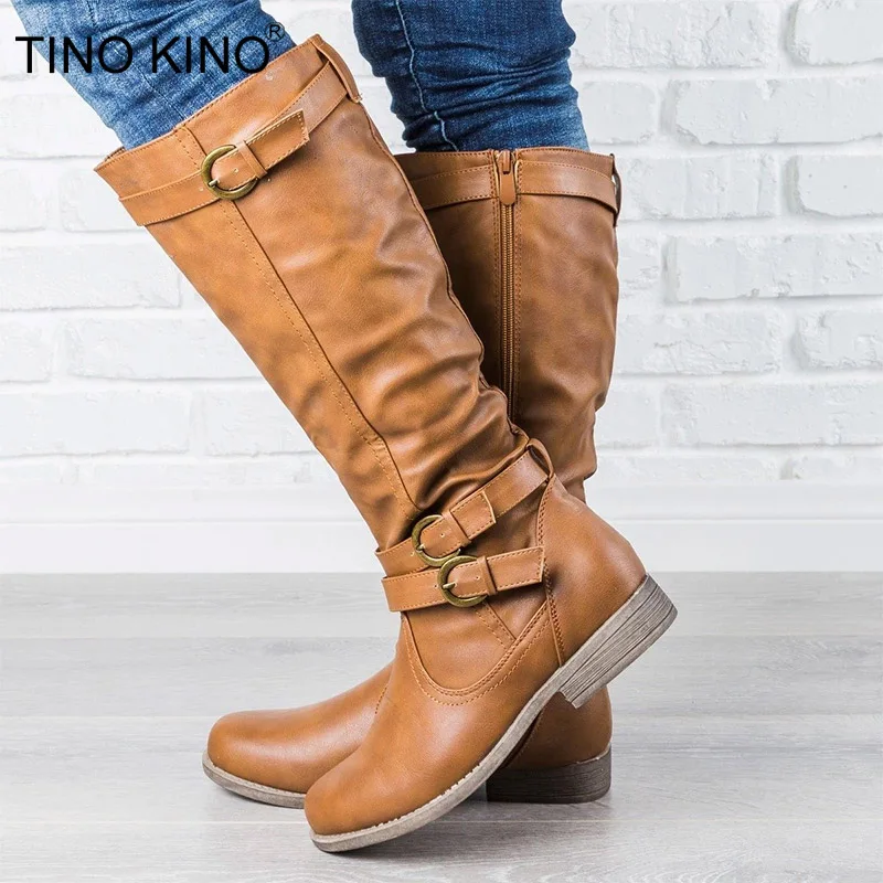 

TINO KINO Women's Buckle Knee High Boots Slip On Low Heel Female Shoes Ladies Comfort Women Autumn Fashion Casual Plus Size New