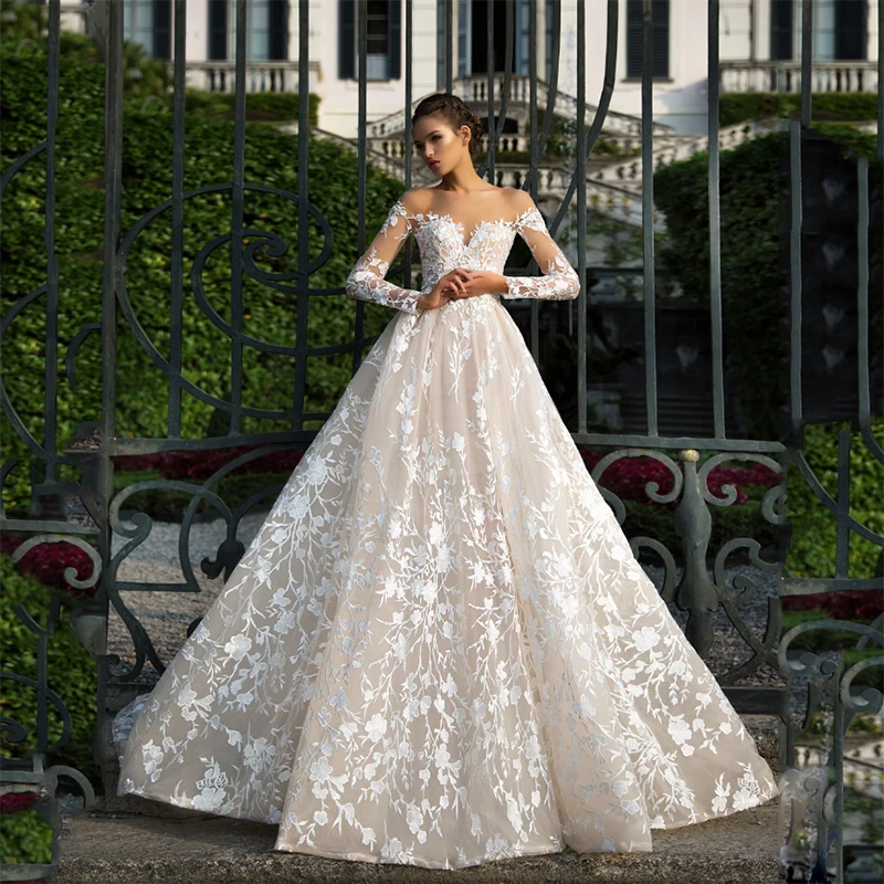 Кружевное свадебное платье с длинным рукавом,, иллюзия, открытая спина, принцесса, бохо, кружевное свадебное платье размера плюс, платье невесты, Аманда новиас - Цвет: Picture Color
