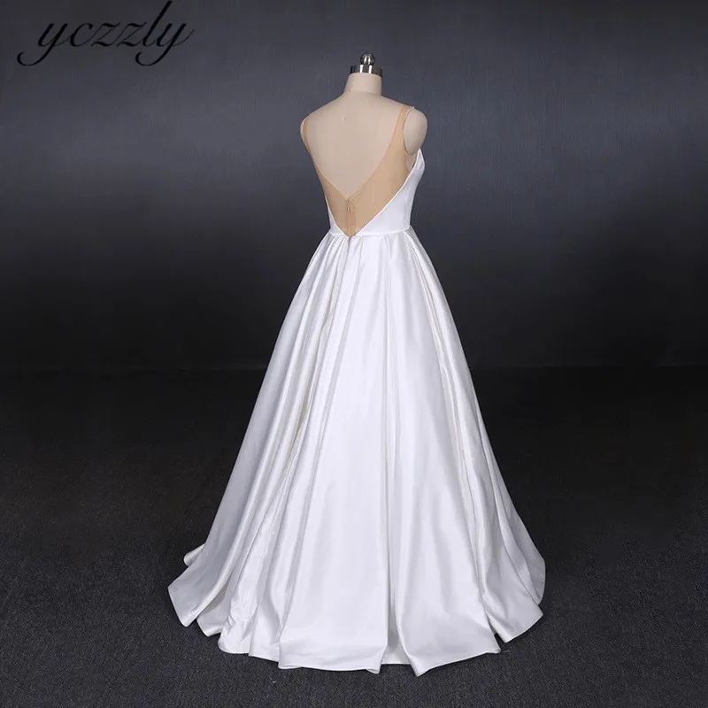 Robe De Mariee сексуальное с низким вырезом на спине; с тонкими лямками атласное свадебное платье больших размеров длинное женское свадебное пляжное платье с коротким шлейфом W154