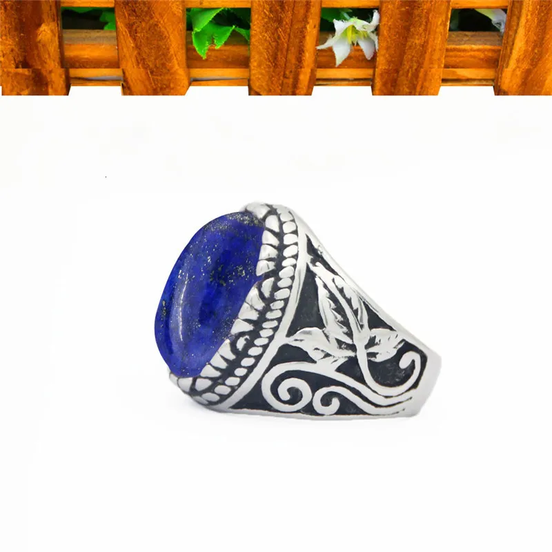 Oval Lapis Lazuli Stainless Steel Rings Natural Stone Leaf Plant Vintage Fashion Jewelry TR730