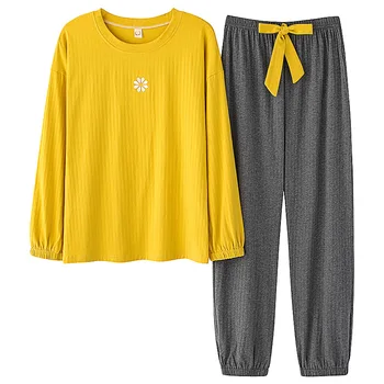 

women spring and autumn cotton long-sleeved home clothes two-piece suit sleepwear women pullover tops long pants pyjama femme