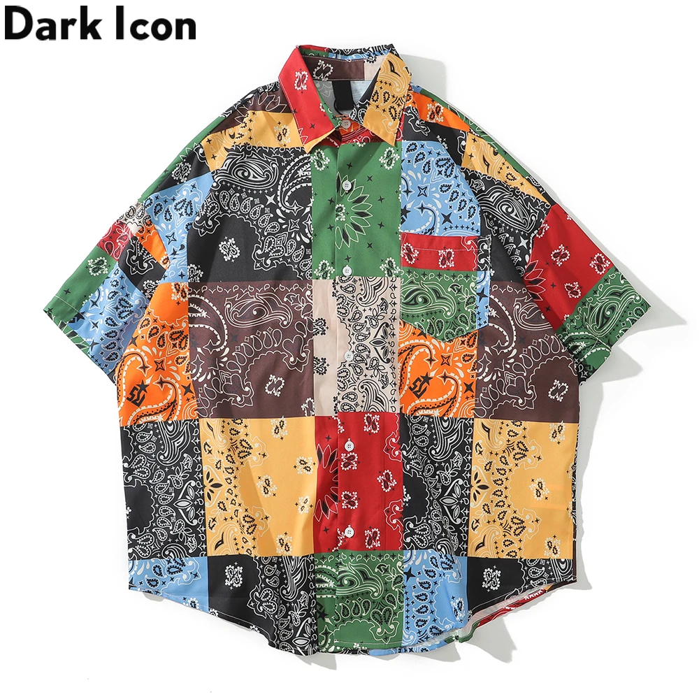Dark Icon Patchwork Bandana Street Shirts Men Summer Oversized Men's Shirts Hip Hop Shirts Dark Icon Patchwork Bandana Street Shirts Men Summer Oversized Men's Shirts Hip Hop Shirts