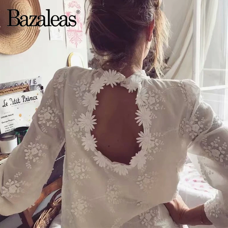 Bazaleas, Сексуальная кружевная открытая женская блузка, Франция, белая, blusas mujer de moda,, элегантные женские топы и блузки