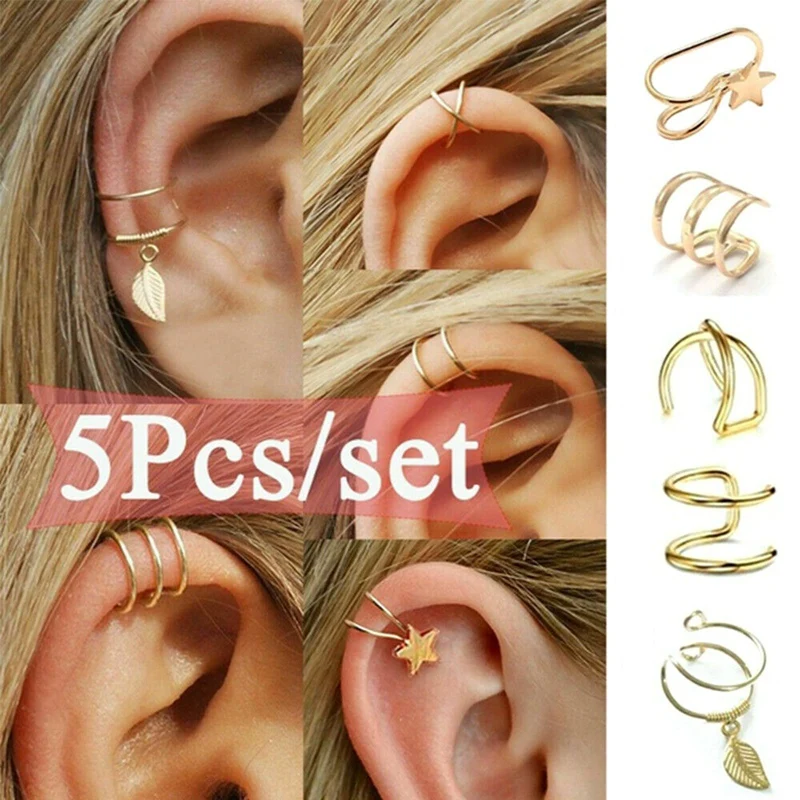5 pcs/set Simple Leaf Fake Nose Ring Ear Cuff Earrings Clip Helix Piercing Tragus Earrings Fake Piercing Labret Lip Body Jewelry