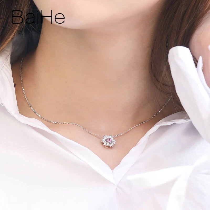 BAIHE, 18 карат, белое золото, 0.20ct, розовый сапфир, 0.16ct, натуральные бриллианты, для женщин, Трендовое, для помолвки, хорошее ювелирное изделие, подарок, ожерелья