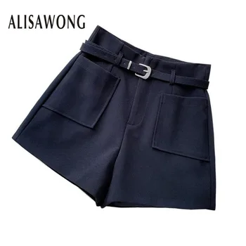 

2020 Summer New Black Shorts Women High Waist Pocket Wide Leg Pants Ladies A Line Bottoming Casual Short Pants With Belt