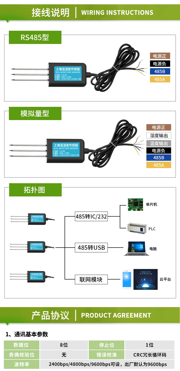 Soil Moisture Sensor Temperature and Humidity Detector Conductivity EC Salt Soil Tester Moisture Content Transmitter