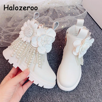 

Winter Kids Boots Children Flower Shoes Baby Girls Pearl Ankle Boots Black Fashion Boots Brand Dress Shoes Warm Princess Shoes