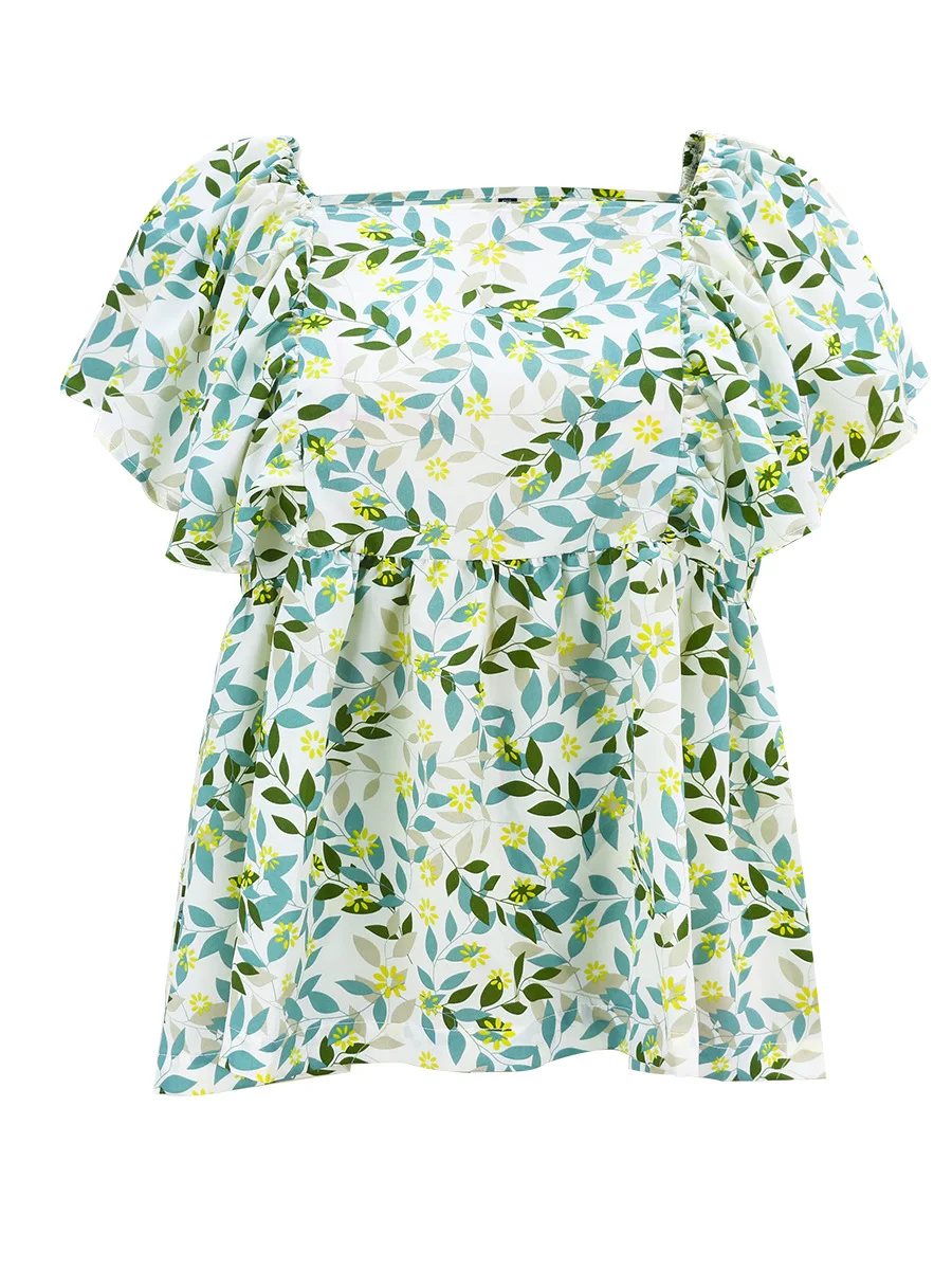 Плюс Размеры Для женщин Летняя блузка Мода оборками короткий рукав с цветами и листьями пляжное, богемное, с принтом блуза женский жакет верхняя одежда