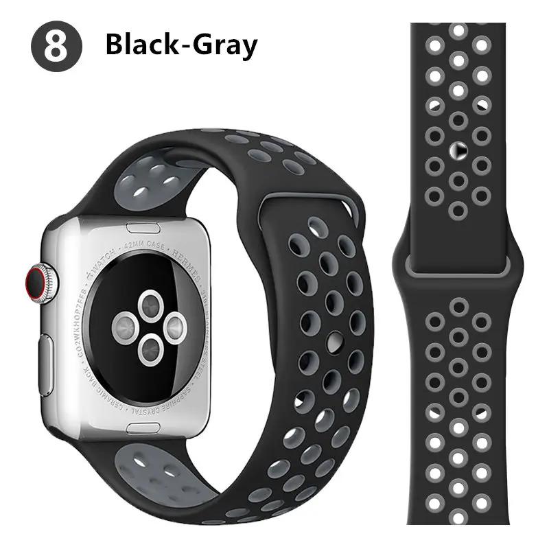 black gray 8 Ремешок для apple watch ремешок 44 мм 40 мм correa apple watch 5 4 3 iwatch ремешок 42 мм 38 мм спортивный силиконовый браслет аксессуары для часов - Цвет ремешка: black gray 8