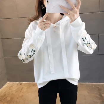 

MinuoYi Long Sleeve Thorn Flower Hoodies Women Solid Fashion Korean Hooded Sweatshirts Pullover Embroidery 2019 Autumn Female