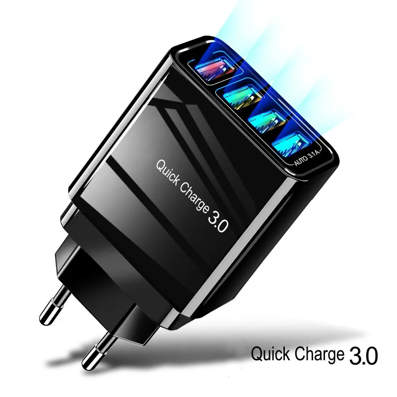 

ROCK Quick Charger QC 3.0 Fast Charging 4 Port USB Wall Charger EU Adapter Mobile Phone For iPhone Huawei Samsung Redmi Note 7