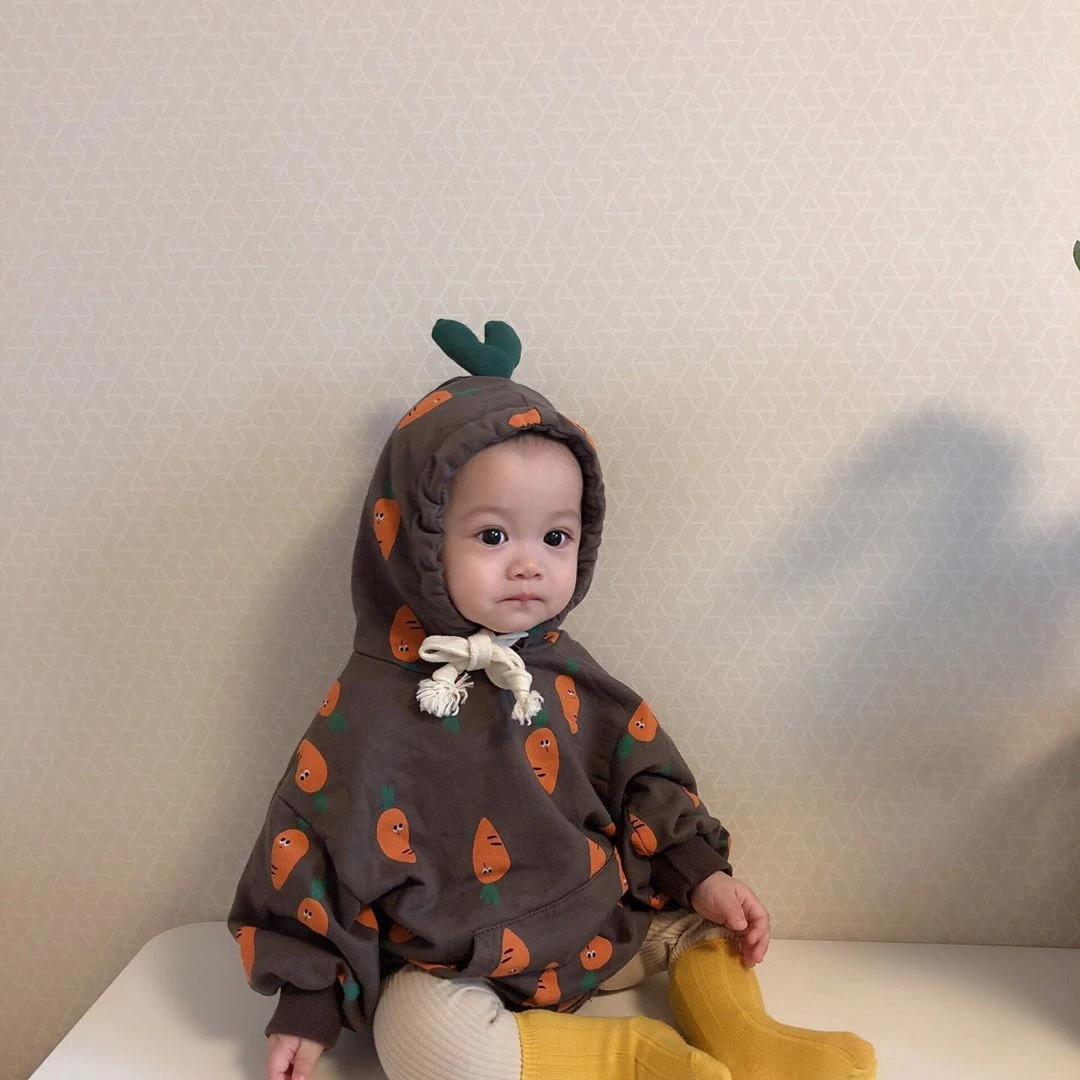Autumn Infant Outfit Clothes Long Sleeve Cartoon Carrot Newborn Baby Unisex Garment Hooded Sweater Loose Jumpsuit Toddler Romper