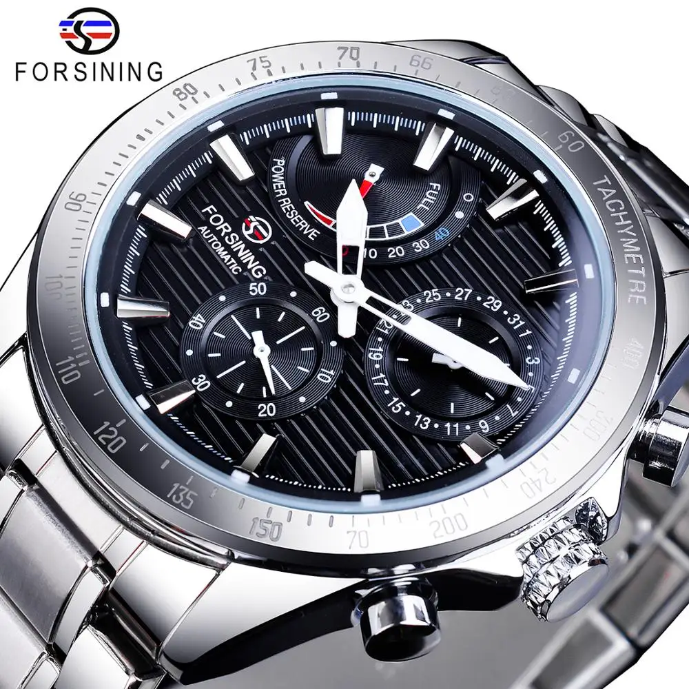 Forsining Power Reserve Design Men Automatic Mechanical Watch Black Silver Stainless Steel Date Waterproof Luminous Clock | Наручные часы