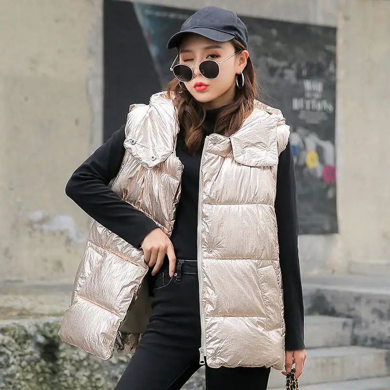 light gold color Яркий Цветной пуховый хлопковый жилет для женщин с капюшоном без рукавов жилет Осень-Зима Женская куртка Chaleco Mujer женский жилет пальто C5919 - Цвет: light gold color