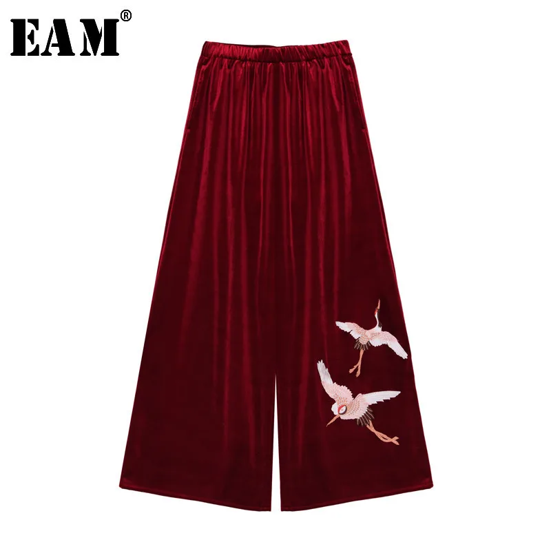 

[EAM] 2019 New Spring Loose Vintage High Waist Crane Embroidery Full Length Wide Leg Pants Women Fashion Tide OB468