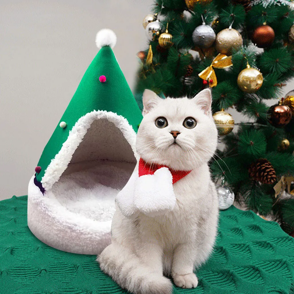 Товары, милый домик для кошек, полузакрытый Рождественский теплый мягкий зимний наполнитель для домашних питомцев, аксессуары для украшения дома