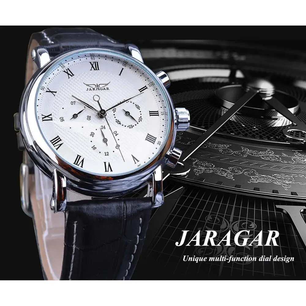 Jaragar элегантные белые мужские механические часы автоматические 3 циферблата Календарь Бизнес платье из натуральной кожи ремешок наручные часы Reloj Hombre