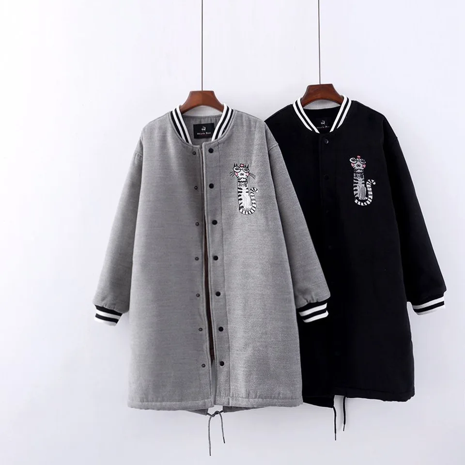 

W3515 Korean-style Literature And Art-Style Embroidered Hair Joint Thread Collar Woolen Cotton Coat Mid-length Loose And Plus-si