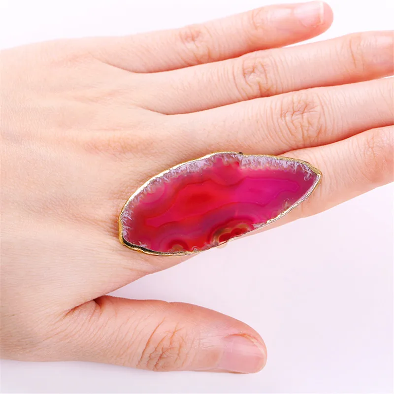 1 шт. кольцо с кулон Agates Druzy Агаты кольцо для женщин натуральный разрез кольцо с палитрой Сердолик боковое открытие Золотое кольцо для агатов аксессуары - Цвет основного камня: Розовый
