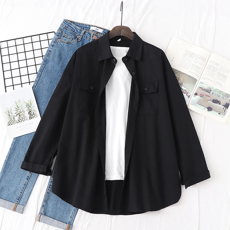 Fresh Simple Solid Color Loose Shirt Women Autumn New Woman Casual Long Sleeve Blouse Cotton Office Blouses Tops Blusas