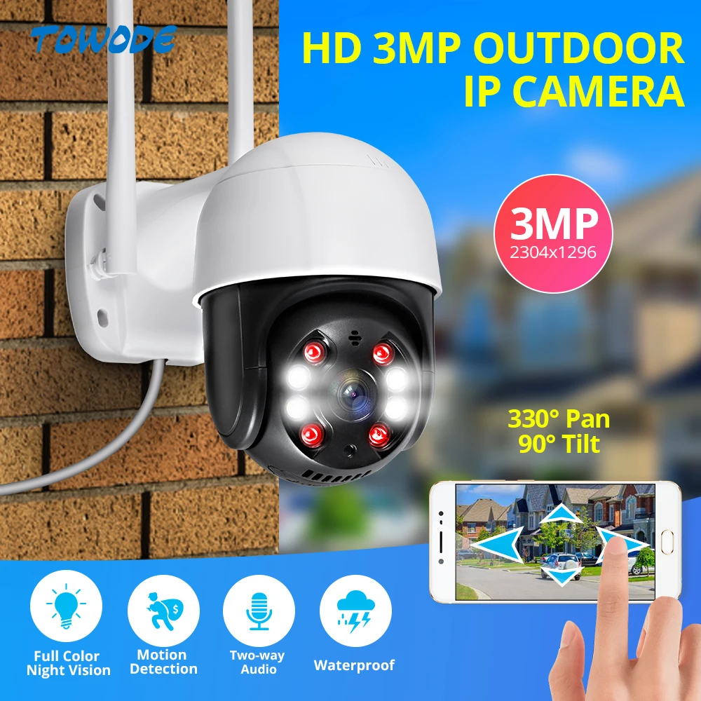 

TOWODE HD 3MP Outdoor Wifi PTZ 1080P IP Camera APP Zoom CCTV Audio Speak Detection Night Vision Color security camera waterproof