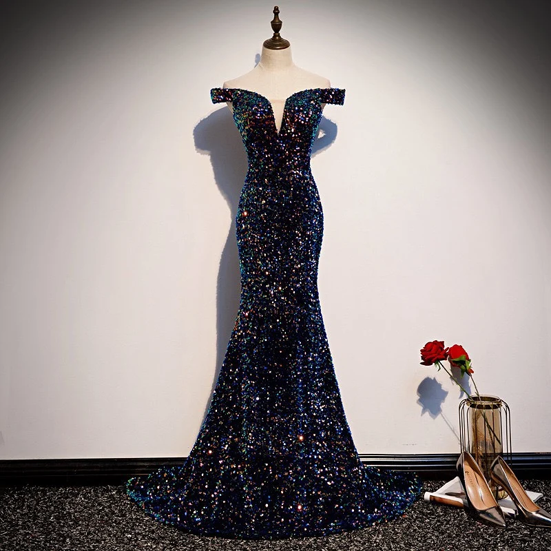 

Glitter Long Off The Shoulder Evening Dresses 2020 Sexy Mermaid Sheer Neck Prom Dresses Backless Wedding Banquet Party Gowns New