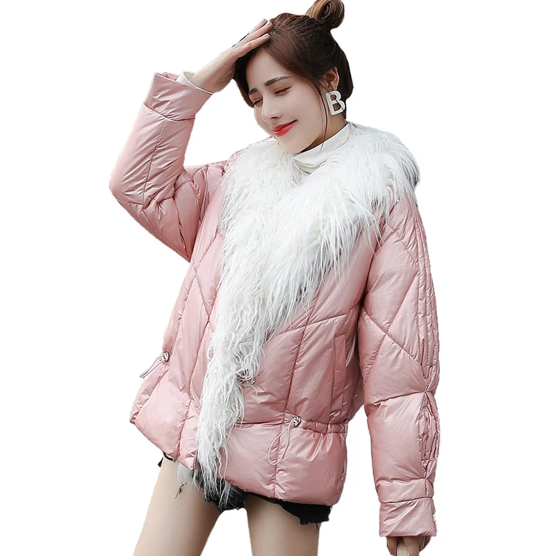 

2019 New Fashion Winter Short Down cotton jacket Women Wool hair collar Cloak Coat Students Thicken Warm cotton Outerwear A2924