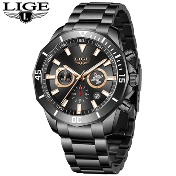 

LIGE New Waterproof Men's Watches Top Brand Luxury Watch Men All Steel Big Dial Calendar Sport Wristwatch Male Chronograph+Box