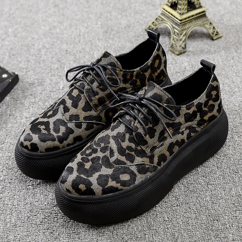 [DEAT] Round Toe Bandage Horsehair Casual Leopard Print Single Shoes Wedges Heels Shoes Women New Spring Autumn Tide 10D899