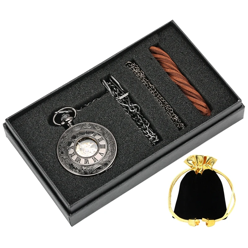 Vintage Roman Numerals Steampunk Mechanical Pocket Watch Chain Necklace Hand Winding Clock Antique Gifts Box Sets for Men Women