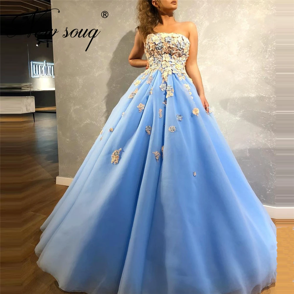 

Chic Light Blue Prom Dresses 3D Flower Beaded Handmade 2020 Vestidos Strapless Long Girls Party Evening Gowns Middle East Dubai