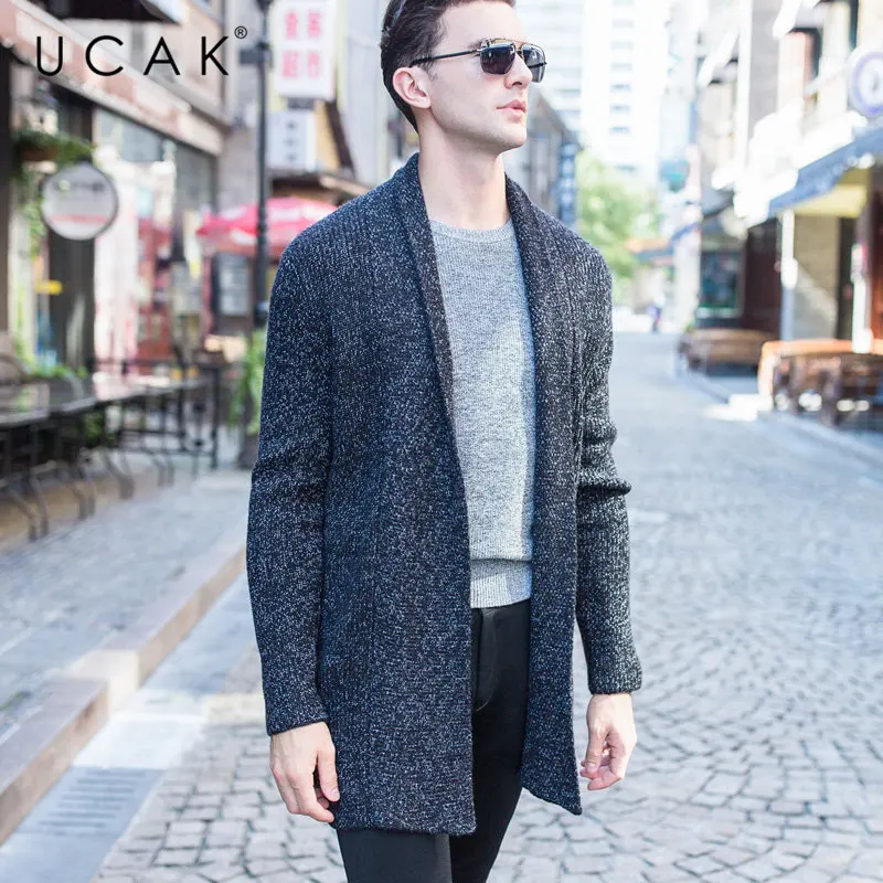 UCAK Brand Merino Wool Sweater Men Autumn Winter Cashmere Cardigan Men Streetwear Fashion Big Collar Long Sweater Coat Men U3052