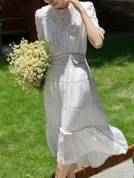 

Lace Embroidered Sweet Womens Midi Dress 2020 New Party Holiday Hollow Out Ruffles Long Dresses