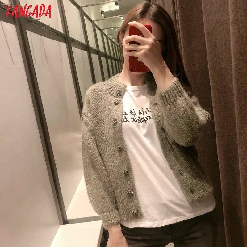 Tangada Модный женский зеленый свитер кардиган джемпер алмазные пуговицы длинный рукав Корейский модный свитер элегантная верхняя одежда 3H162
