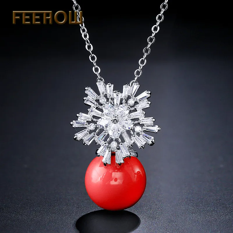 FEEHOW Мода белый и красный CZ имитация жемчуга Снежинка Кулон ожерелья для женщин прозрачный Цирконий Кристалл ювелирные изделия FWNP087 - Окраска металла: Red