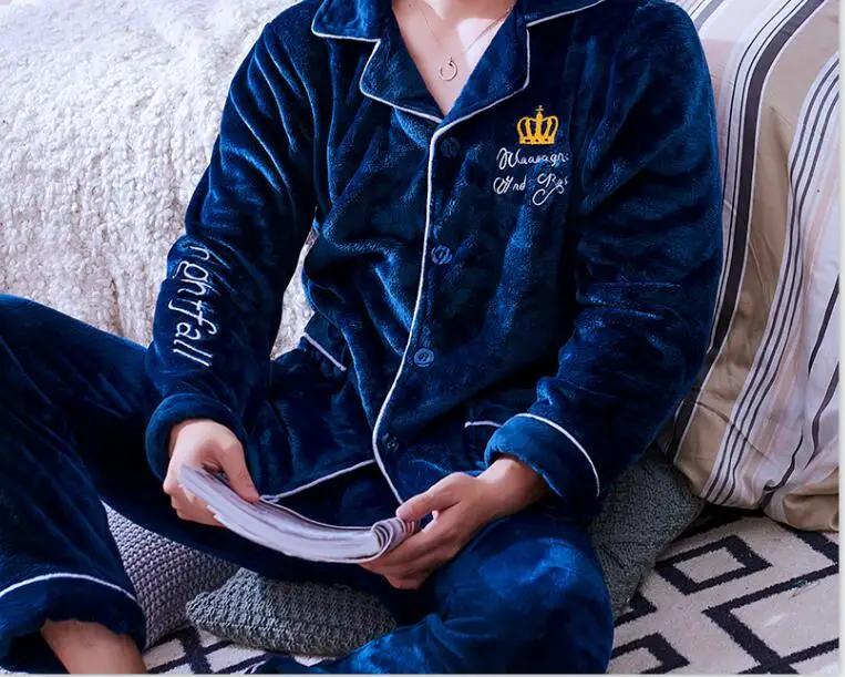 StyleJ H5886 мужской пижамный комплект, уплотненная фланель, Молодежный осенне-зимний Пижамный костюм с длинными рукавами, коралловый флис, домашняя одежда среднего возраста - Цвет: StyleJ