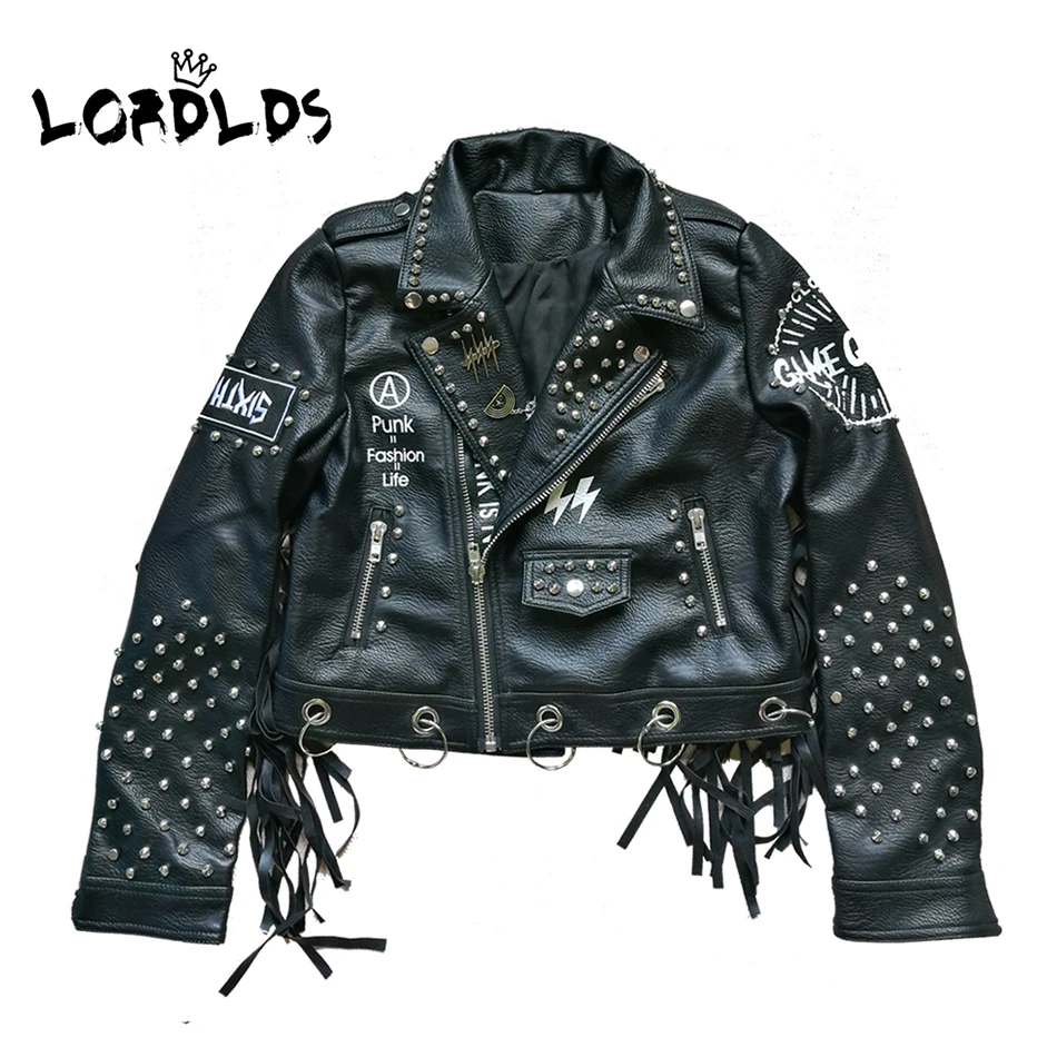 

LORDLDS Women Black Leather Tassel Jacket 2019 Streetwear zipper rivet Fashionblogger Punk Jackets woman Coats Outwear