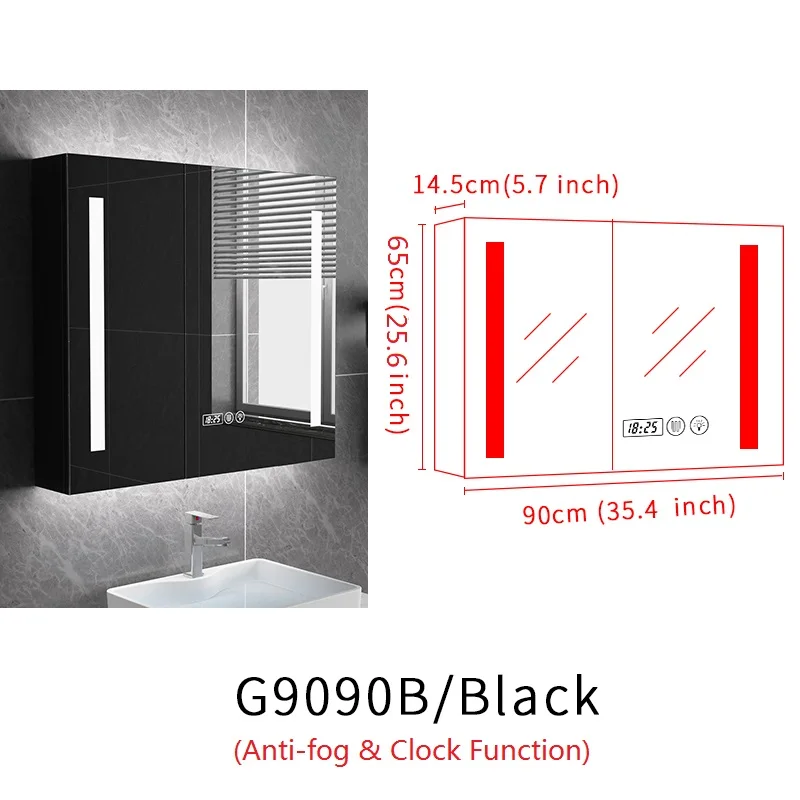 G9090B-Black Gisha Настенный умный светодиодный шкаф с зеркалом для макияжа с сенсорным экраном и Bluetooth, интеллектуальное анти-запотевающее зеркало для ванной - Цвет: G9090B-Black